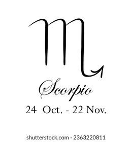 Scorpio with name and dates. Horoscope with 12 zodiac signs. From October 24 to November 22. Astrology, fortune telling, constellation, stars, ascendant, pseudoscience, natal chart. Italic style