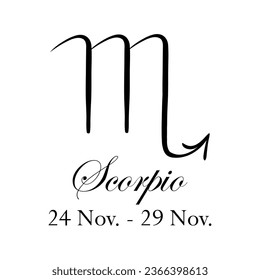 Scorpio with name and dates. New horoscope with 13 zodiac signs. From November 24 to November 29. Astrology, fortune telling, constellation, stars, ascendant. Italic style