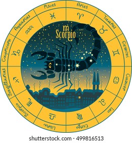 scorpio on the background urban night landscape and the starry sky in circle with the signs of the zodiac