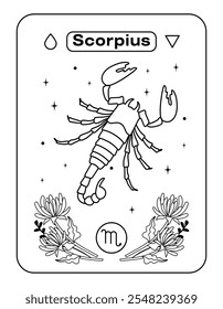 Scorpio on the map is a symbol of the zodiac horoscope. Poisonous insect in linear style. Black and white flat vector illustration, eps10