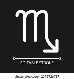 Scorpio pixel perfect minimalistic white linear icon for dark theme. Water element. Zodiac scorpion. Thin line illustration. Isolated symbol for night mode. Editable stroke. Arial font used