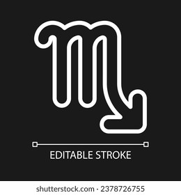 Scorpio pixel perfect white linear icon for dark theme. Zodiac sign. Astrology scorpion. Personality type. Thin line illustration. Isolated symbol for night mode. Editable stroke. Arial font used