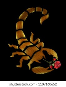 Scorpio and rose symbol. Emboidery sketch for printing on fabric, clothing, bag, accessories and design. Vector illustration