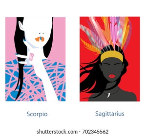 Scorpio and sagittarius woman horoscope signs. Vector illustration.