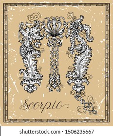 Scorpio or Scorpion Zodiac sign on frame on texture. Collection of astrological symbols in baroque victorian style. Vector hand drawn illustration for Horoscope, Esoteric and Mystic background