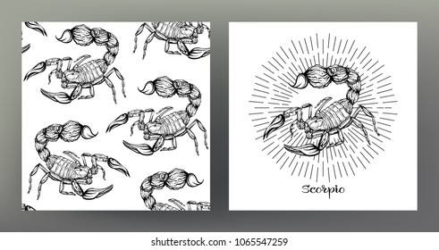 Scorpio. Set of Zodiac sign illustration on the sacred geometry symbol pattern and  seamless pattern with this sign. Black-and-white graphics. Stock vector illustration.