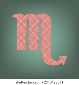 Scorpio sign illustration. Apricot Icon with Brick Red parquet floor graphic pattern on a Ebony background. Feldgrau. Green. Illustration.