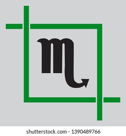 Scorpio sign illustration. Black icon inside green crop tool at light gray background