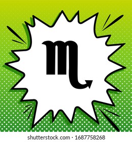 Scorpio sign illustration. Black Icon on white popart Splash at green background with white spots. Illustration.