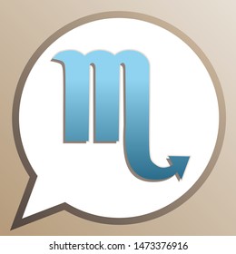 Scorpio sign illustration. Bright cerulean icon in white speech balloon at pale taupe background. Illustration.