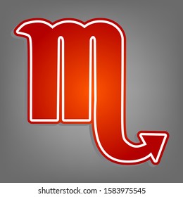 Scorpio sign illustration. Flat red icon with linear white icon with gray shadow at grayish background. Illustration.