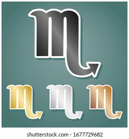 Scorpio sign illustration. Set of metallic Icons with gray, gold, silver and bronze gradient with white contour and shadow at viridan background. Illustration.