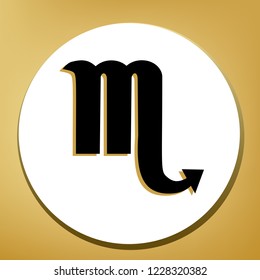 Scorpio sign illustration. Vector. Black icon with light brown shadow in white circle with shaped ring at golden background.
