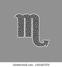 Scorpio sign illustration. Vector. Black maze filled icon with white border at gray background.