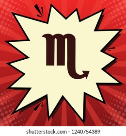 Scorpio sign illustration. Vector. Dark red icon in lemon chiffon shutter bubble at red popart background with rays.