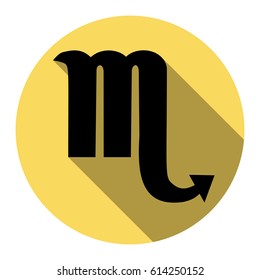 Scorpio sign illustration. Vector. Flat black icon with flat shadow on royal yellow circle with white background. Isolated.