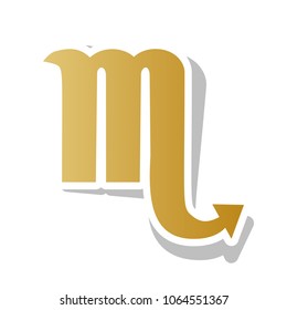 Scorpio sign illustration. Vector. Golden gradient icon with white contour and rotated gray shadow at white background.