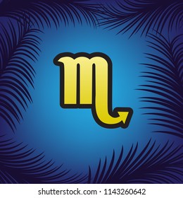 Scorpio sign illustration. Vector. Golden icon with black contour at blue background with branches of palm trees.