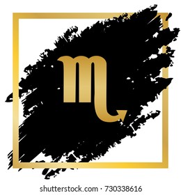 Scorpio sign illustration. Vector. Golden icon at black spot inside golden frame on white background.