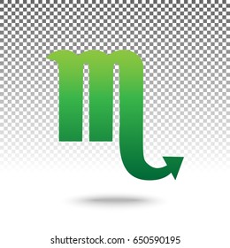 Scorpio sign illustration. Vector. Green gradient icon with shadow at bottom on transparent and white background.