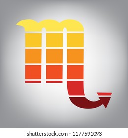 Scorpio sign illustration. Vector. Horizontally sliced icon with colors from sunny gradient in gray background.