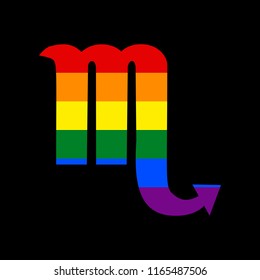 Scorpio sign illustration. Vector. Icon with colors of LGBT flag at black background.