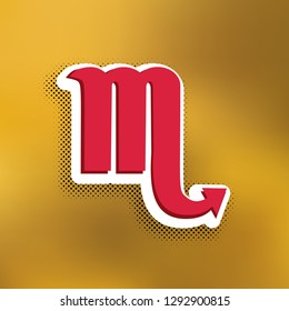 Scorpio sign illustration. Vector. Magenta icon with darker shadow, white sticker and black popart shadow on golden background.
