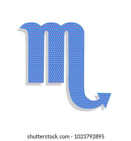 Scorpio sign illustration. Vector. Neon blue icon with cyclamen polka dots pattern with light gray shadow on white background. Isolated.