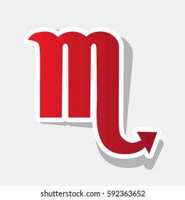 Scorpio sign illustration. Vector. New year reddish icon with outside stroke and gray shadow on light gray background.