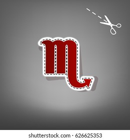 Scorpio sign illustration. Vector. Red icon with for applique from paper with shadow on gray background with scissors.