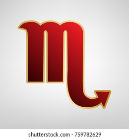 Scorpio sign illustration. Vector. Red icon on gold sticker at light gray background.