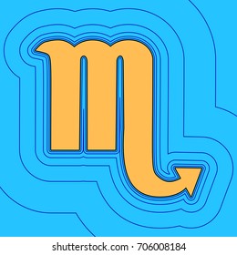 Scorpio sign illustration. Vector. Sand color icon with black contour and equidistant blue contours like field at sky blue background. Like waves on map - island in ocean or sea.