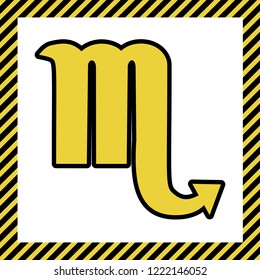 Scorpio sign illustration. Vector. Warm yellow icon with black contour in frame named as under construction at white background. Isolated.