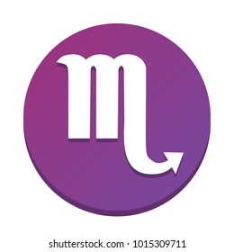 Scorpio sign illustration. Vector. White icon with flat shadow on purpureus circle at white background. Isolated.