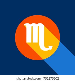 Scorpio sign illustration. Vector. White icon on tangelo circle with infinite shadow of light at cool black background. Selective yellow and bright navy blue are produced.