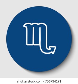 Scorpio sign illustration. Vector. White contour icon in dark cerulean circle at white background. Isolated.