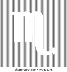 Scorpio sign illustration. Vector. White icon on grayish striped background. Optical illusion.