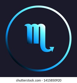 Scorpio sign illustration. White, cyan and blue gradient icon as round button in white shell at dark blue background. Illustration.