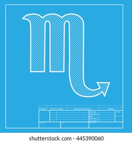 Scorpio sign illustration. White section of icon on blueprint template.