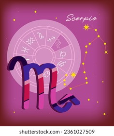 Scorpio sign, zodiac background. Beautiful and simple vector image, starry sky with scorpio zodiac constellation, encapsulated scorpio sign and constellation name. Purple design for calendar