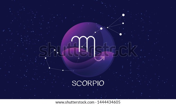 Scorpio sign, zodiac background. Beautiful and simple\
vector image of night, starry sky with scorpio zodiac constellation\
behind glass sphere with encapsulated scorpio sign and\
constellation name. 