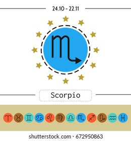 Scorpio. Signs of zodiac, flat linear icons for horoscope, predictions.