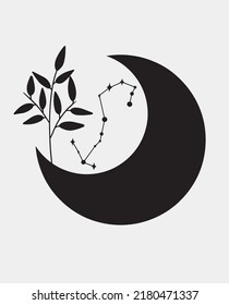 Scorpio stars constellation, simple vector art. Black moon with simple plant.