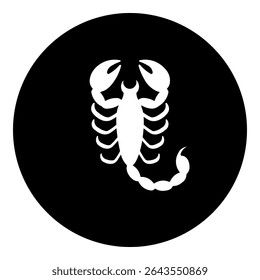 A scorpio symbol in the center. Isolated white symbol in black circle. Vector illustration on white background