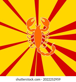 Scorpio symbol on a background of red flash explosion radial lines. The large orange symbol is located in the center of the sun, symbolizing the sunrise. Vector illustration on yellow background