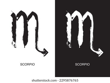 Scorpio is the symbol for zodiac signs. Black ink handwriting poster in two color versions. Vector