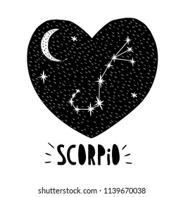 Scorpio Symbol.Naive Hand Drawn Zodiac Vector Illustration. Black Heart on a White Background. Black and White Stars and Moon. Starry Night Sky with Moon and Scorpio Sign in the Middle of Black Heart