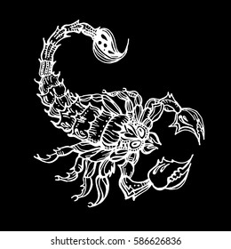 Scorpio. Tattoo animal poisonous. Totem. Vector illustration isolated on black background. 