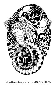 scorpio tattoo design, zentangle of scorpion isolated on white. Vector illustration. Black and white
