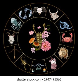 Scorpio vector of Astrology design.horoscope circle with signs of zodiac set vector.signs such as a aries, taurus, gemini, cancer, leo, virgo, libra, scorpio, sagittarius, capricorn,aquarius, pisces.